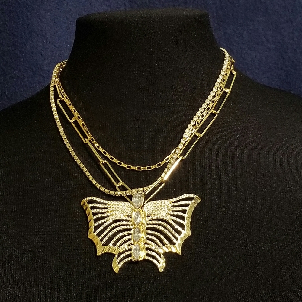 Jennifer & Company Layered Butterfly Necklace Set Three Separate Chains